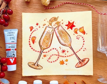 Original gouache painting - Champagne Toast -  New years toast, champagne glasses, gouache illustration - One of a kind, artist signature