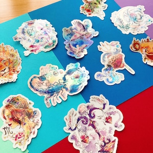 Sticker Set holographic Vinyl - Horoskop, Sternzeichen, Sternzeichen - Regenbogeneffekt - 12er Set