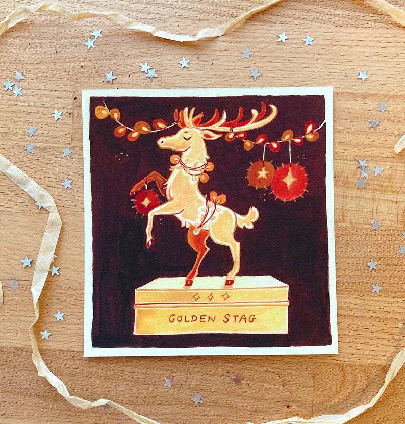 Art Print Golden Stag on cotton paper Christmas themed artprint, golden statue, fairylights, brown and gold, gouache illustration image 1