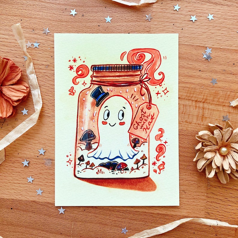 Art Print Ghost in a jar Cute ghost with hat, gentleman tophat, like a sir, Gouache artwork, printed on cotton paper zdjęcie 1