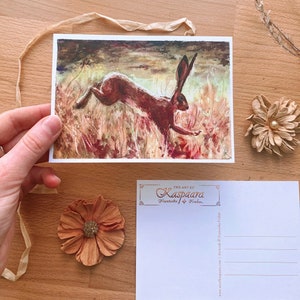Hare Leaping Watercolor Postcard A6, 105mm x 148mm, Watercolor Illustration, Brown Hare, English countryside - Photorealistic rabbit, Easter image 3