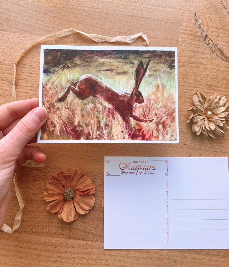 Hare Leaping Watercolor Postcard A6, 105mm x 148mm, Watercolor Illustration, Brown Hare, English countryside - Photorealistic rabbit, Easter image 3