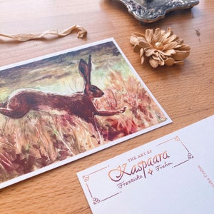 Hare Leaping Watercolor Postcard A6, 105mm x 148mm, Watercolor Illustration, Brown Hare, English countryside - Photorealistic rabbit, Easter image 4