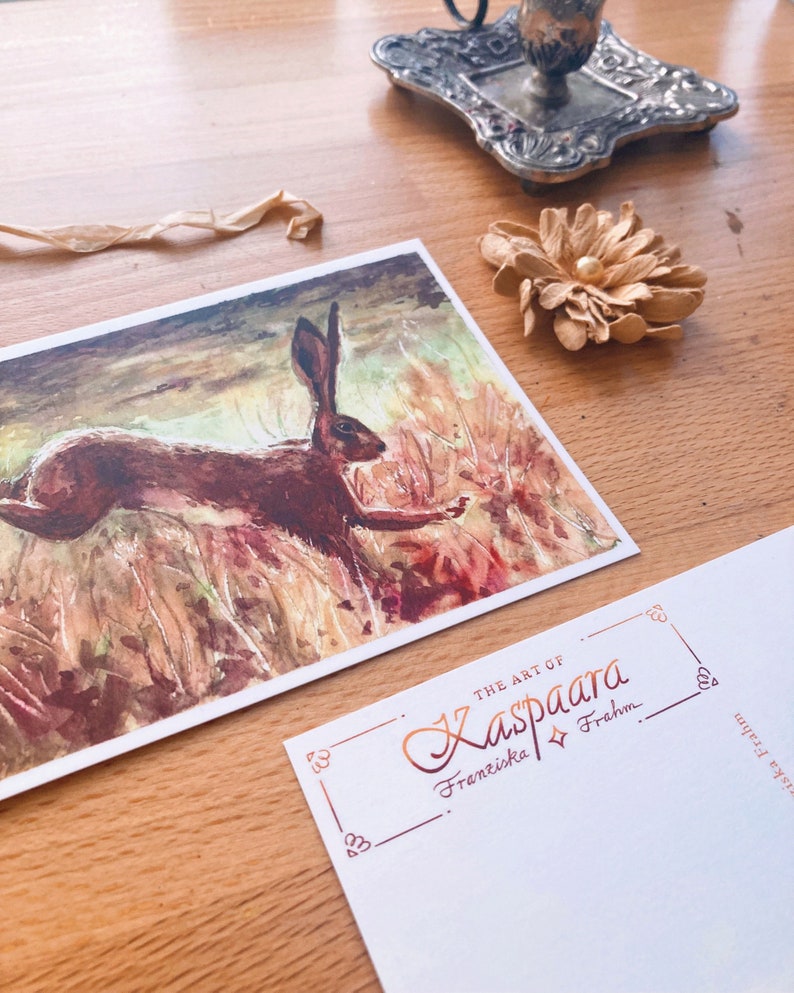 Hare Leaping Watercolor Postcard A6, 105mm x 148mm, Watercolor Illustration, Brown Hare, English countryside - Photorealistic rabbit, Easter image 4