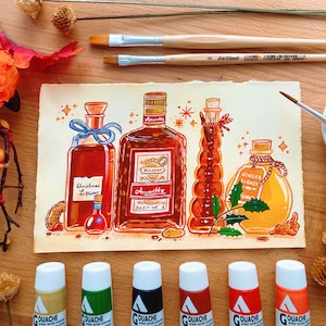 Op de afbeelding: Een aquarel schilderij van vijf flessen met verschillende gekleurde vloeistoffen. De flessen zijn gelabeld met "Christmas Liqueur", "Amaretto", "Ginger Liqueur", en twee ongeëtiketteerde flessen. De flessen zijn in een rij op een witte achtergrond gerangschikt. Het schilderij is omgeven door een bruin houten frame.