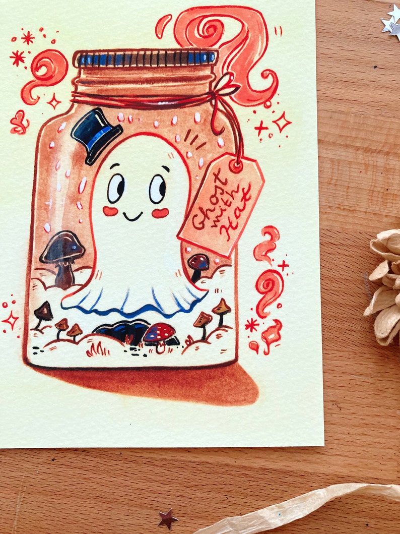 Art Print Ghost in a jar Cute ghost with hat, gentleman tophat, like a sir, Gouache artwork, printed on cotton paper zdjęcie 3