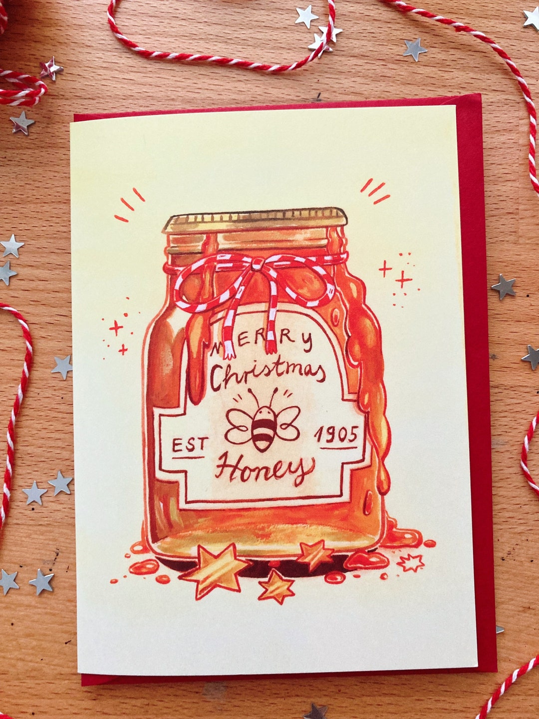 Christmas Card Merry Christmas, Honey With Red Envelope Jar of Honey