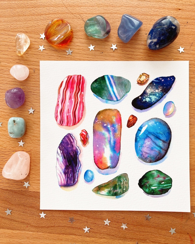 Gemstone Collection Witchy ink painting Lapislazuli, Moonstone, Opal, Aquamarine, Amethyst, Fluorite Archival Print on cotton paper image 2