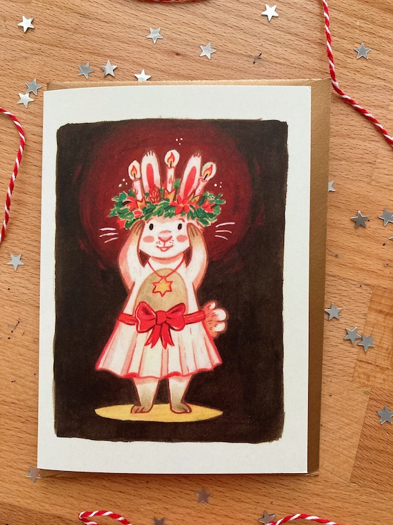 Weihnachtskarte mit goldenem Umschlag - St Lucia Bunny - Schwedische Dezember-Tradition, Kerzenkrone, Lichtbringer