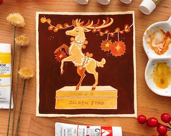 Original painting, acryla gouache - Golden Stag - One of a kind with artist signature - Christmas themed gouache illustration, art gift