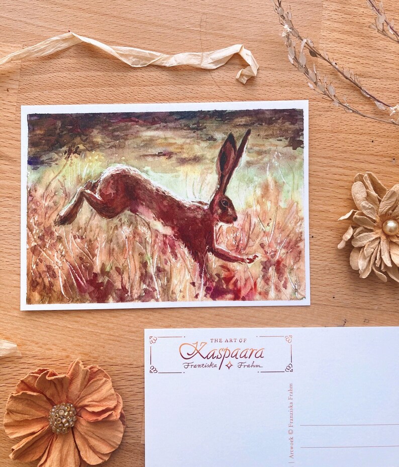 Hare Leaping Watercolor Postcard A6, 105mm x 148mm, Watercolor Illustration, Brown Hare, English countryside - Photorealistic rabbit, Easter image 1
