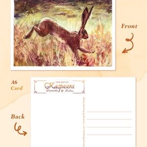 Hare Leaping Watercolor Postcard A6, 105mm x 148mm, Watercolor Illustration, Brown Hare, English countryside - Photorealistic rabbit, Easter image 2