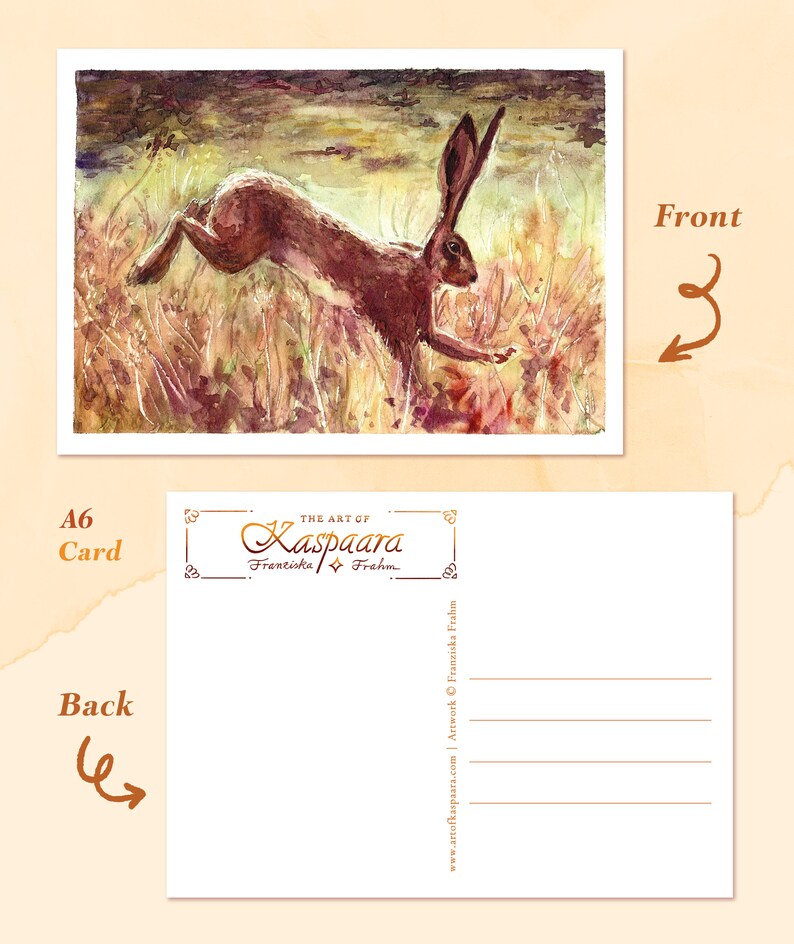 Hare Leaping Watercolor Postcard A6, 105mm x 148mm, Watercolor Illustration, Brown Hare, English countryside - Photorealistic rabbit, Easter image 2