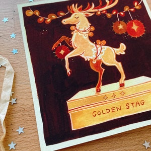 Art Print Golden Stag on cotton paper Christmas themed artprint, golden statue, fairylights, brown and gold, gouache illustration image 2