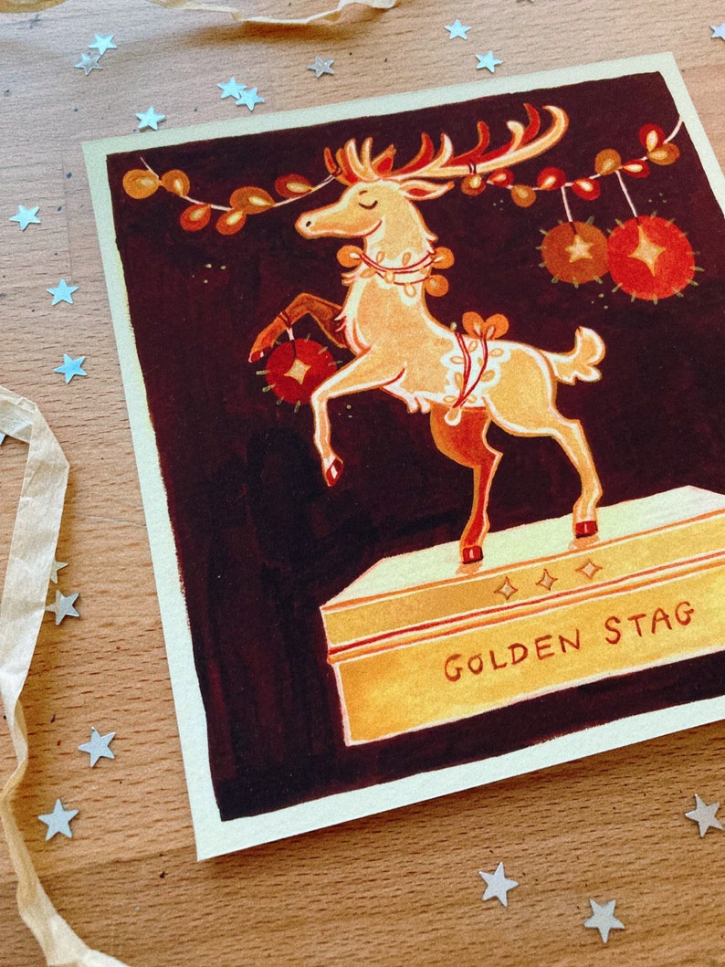Art Print Golden Stag on cotton paper Christmas themed artprint, golden statue, fairylights, brown and gold, gouache illustration image 2