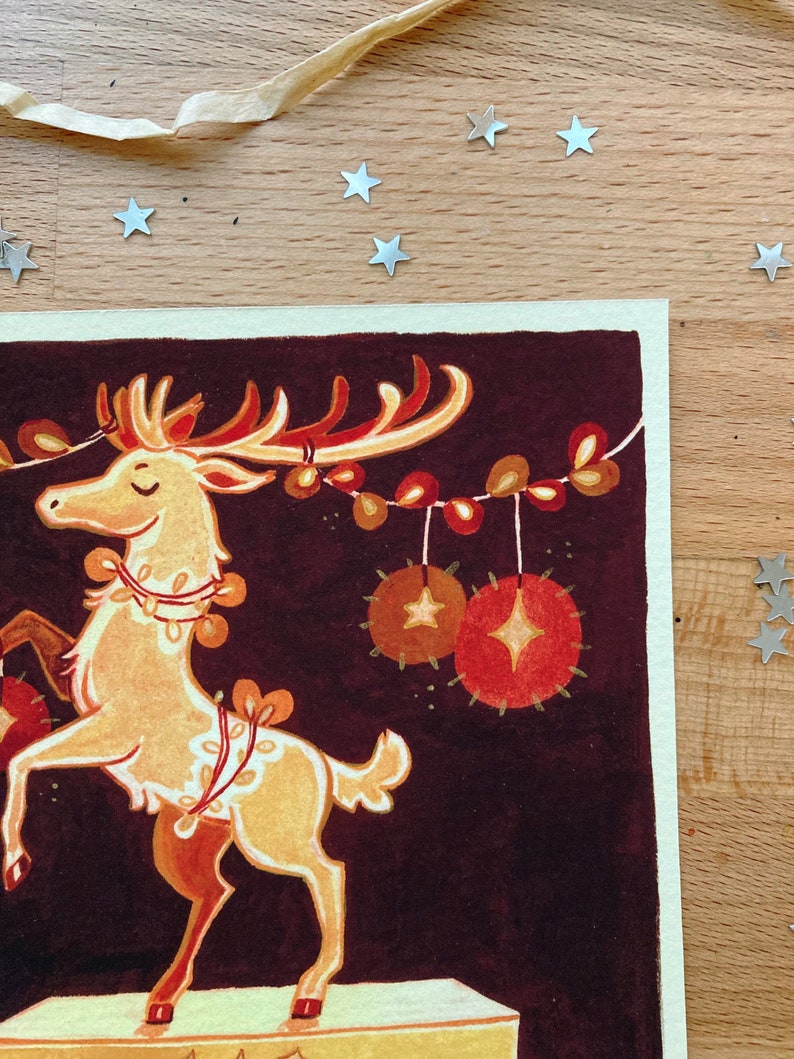 Art Print Golden Stag on cotton paper Christmas themed artprint, golden statue, fairylights, brown and gold, gouache illustration image 3