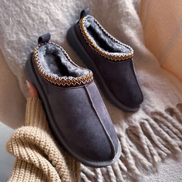 New Women Grey Embroidery Beaded Suede Platform Slipper & Fur Lined.Cosy,Comfy,Slider,Slide in,Black,Grey,Tan.EU 36-41,Great Gift Idea