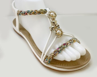 Women Casual White Floral Diamond Embellish Diamante Braided Strap Open Toe Low Platform Sandals Sliders.Holiday,Comfy,Cushion Sole.EU 36-41