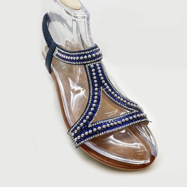 Women Casual Blue Rhinestone Diamond Diamante Embellish Strap Open Toe Wedge Sandal Sliders.Holiday,Summer.Comfy,Cushion Sole.EU36-41