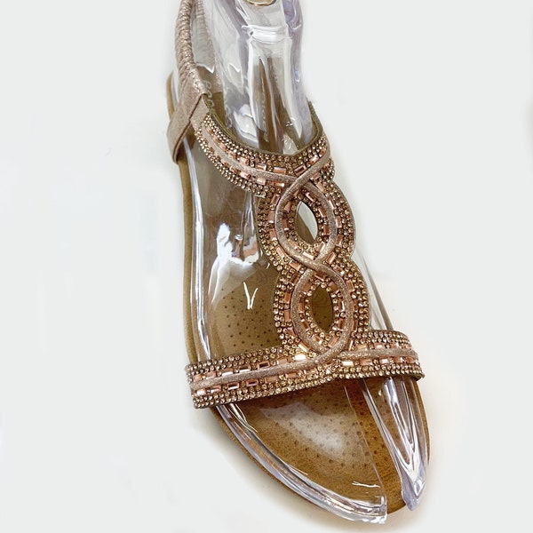 Women Casual Gold Rhinestone Diamond Diamante Embellish Strap Open Toe Wedge Sandal Sliders.Holiday, Summer.Comfy,Cushion Sole.EU 36-41