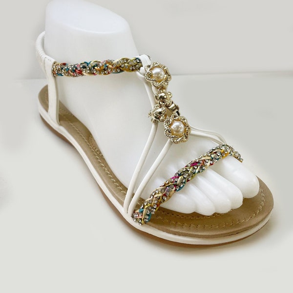 Women Casual White Floral Diamond Embellish Diamante Braided Strap Open Toe Low Platform Sandals Sliders.Holiday,Comfy,Cushion Sole.EU 36-41