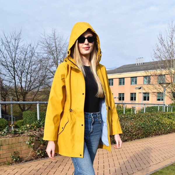 Charcoal Fashion Women Yellow/Mustard Premium Water Resistant PU Rubber Raincoat Parka.Outdoor&Festival.New UK 8 10 12 14 16 18 more colours