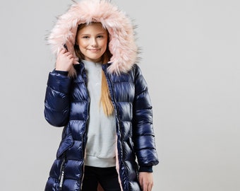 Charcoal Fashion Girl's Midi Length Fur Lined Puffer Coat with Pink Hood Fur (NAVY-CFW2206-HSN)