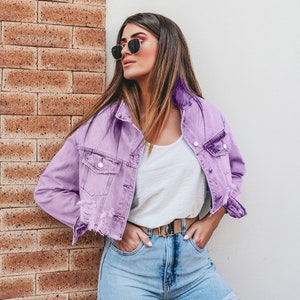 Charcoal Fashion Women's Lilac Loose Fit Cropped Length Frayed Edge Denim Jacket, Jean Jacket, Lightweight,More Colour UK 6 8 10 12 14