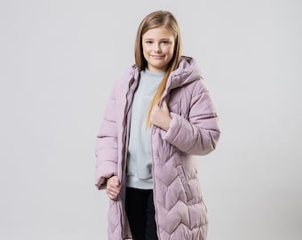 Charcoal Fashion Girl's Zig Zag Midi Length Winter Puffer Coat (GJW05-DP)