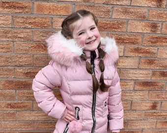 Charcoal Fashion- Girl's Back to School Midi Length Fur Lined Puffa Coat with 2 Tone Pink Hood Fur (CFW1915-P)