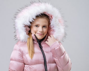 Charcoal Fashion Girl's Midi Length Fur Lined Puffa Coat with 2 Tone Pink Hood Fur (CFW2115-HSP)