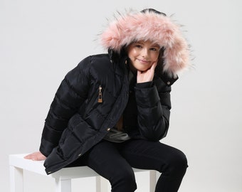 Charcoal Fashion Girl's Back to School Fur Lined Puffer Jacket with Pink Hood Fur (CFW1901-BK)