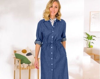 Women Casual Blue Denim Button Through Roll Up Sleeves Midi Shirt Dress&Belt.New,Flare Hem, Holiday,Daily Life,Plus Size,UK14 16 18 20 22