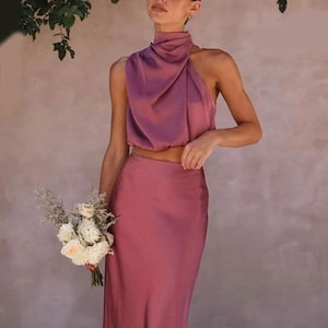 Women Casual Pink Halter Neck Ruched Satin Top & Skirt Co-Ord Sets. Maxi Skirt, Sleeves Drapey Top. Holiday, Day Evening Dress. UK S M L XL