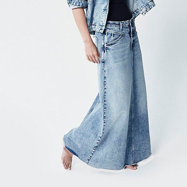 Women's Casual Blue Mid Rise Flare Wide Hem Denim Maxi Skirt.New,Relaxed Fit, Summer Essential, Classic. Daily Life Wear.UK 8 10 12 14 16.
