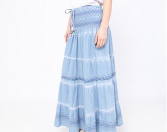 Women's Casual Blue Mid Rise Tie-dyed Diamante Tiered Fit&Flare Denim Maxi Skirt.New,Relaxed Fit, Summer Essential,Daily Life Wear.UK M-2XL.
