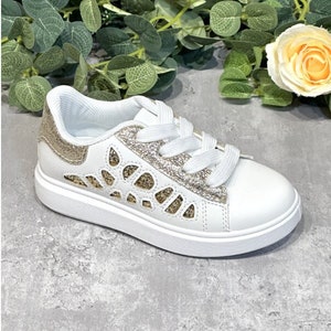 New Kid's Leather Look Gold Glitter Platform Shoelace Trainer Sneaker.Casual, Outdoors,Back to School.EU24 30 31 32 33 34 35,Great Gift Idea