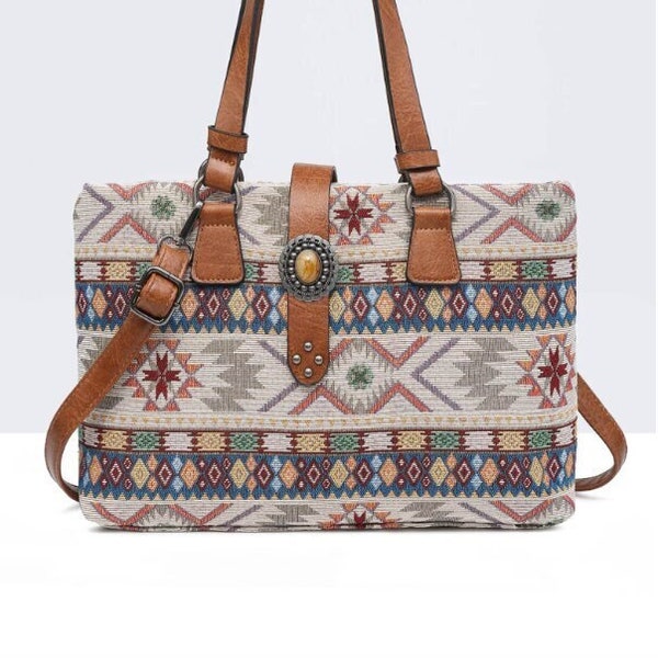 New Women's Bohemian Aztec Soft Woven Shoulder Tote Bag. Adjustable Leather Look Shoulder Straps.Pocket Organisers,Daily Life Essential.