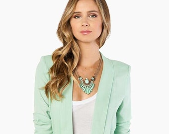 Blazer elasticizzato con maniche arricciate casual semi-formale menta da donna.Altri colori,Abbigliamento da lavoro classico,Nuovo,Taglie forti,UK8 10 12 14 16 18 20