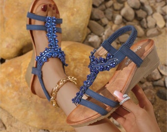 Women’s Casual Blue Rhinestone Embellish Diamante Strap Open Toe Wedge Sandals Sliders.Holiday, Going Out,Summer.Comfy,Cushion Sole.EU 36-41