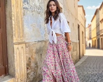 Women's Casual Pink Floral Mid Rise Tiered Fit&Flare Wide Hem Maxi Skirt.New,Relaxed Fit, Summer Essential,Daily Life Wear.UK M/L, XL/2XL.