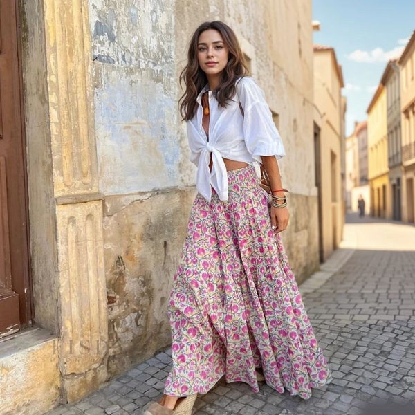 Women's Casual Pink Floral Mid Rise Tiered Fit&Flare Wide Hem Maxi Skirt.New,Relaxed Fit, Summer Essential,Daily Life Wear.UK M/L, XL/2XL.