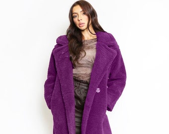 Charcoal Fashion New Women Purple Oversized Double Breasted Longline Borg Over Coat.Brown,Black, Windproof,Keep Warm, UK8 10 12 14 16