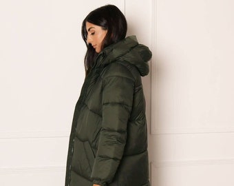 New Women Khaki Oversize Quilt Hood Fur Maxi Duvet Puffer Coat.Black, Beige, UK8 10 12 14 16 Weather Gears, Windproof, Casual, Keep Warm.