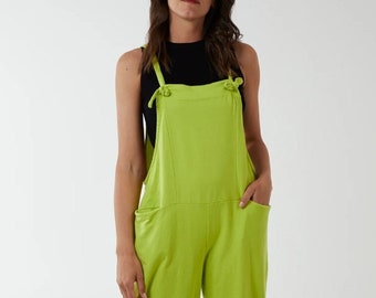 Charcoal Fashion Women Lime Green Oversized Lightweight Cropped Length Dungaree. Stretch Cotton Blend.More Colours, New, One Size (UK 8 -14)