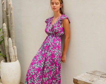 Women Casual Purple Floral Wrap Front V Neck Maxi Summer Dress.Ruffle Sleeves,Flare Hem, Holiday,Daily Life, Relax Fit, Cinch Waist.UK S M L