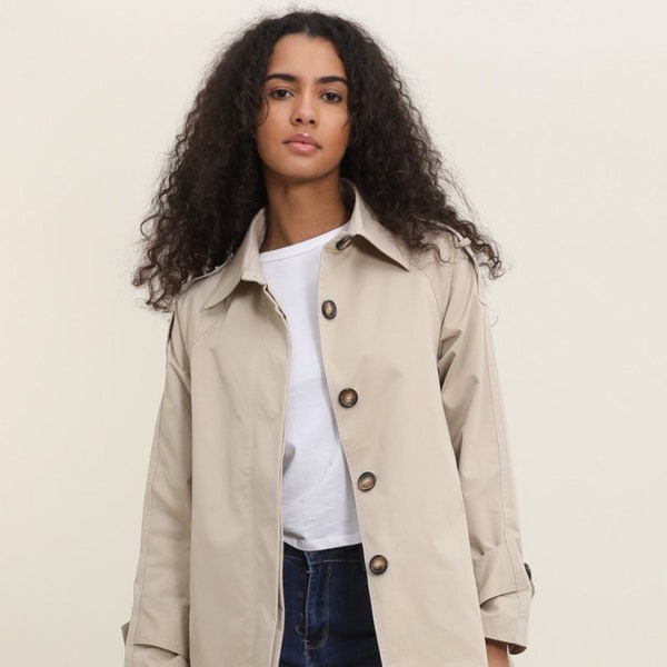 Women Beige Hip Length Classic Single Breast Harrington Trench Coat/MAC.New,Classic Elegant, Relaxed Fit,Casual,Daily Essential.UKS M L XL