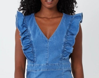 New Women Mid Blue Stretch Denim Mini Summer Dress. New, UK: 8 10 12 14 16