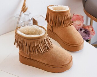 New Kid's Tan Suede Platform Fur Lined Low Ankle Boots & Tassel Fringe.Casual,Comfy.Outdoor Activities.EU31 32 33 34 35 36,Great Gift Idea