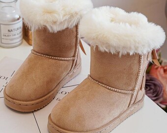 New Kid's Beige Suede Platform Fur Lined Mid Ankle Snow Boots & Bows. Casual,Comfy.Outdoor Activities.EU31 32 33 34 35 36,Great Gift Idea